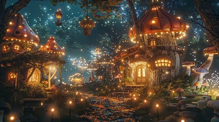 Enchanted Treehouse Village at Twilight Magical treehouse village glowing with warm lights, adorned with fairy lights under a starry sky, creating an enchanting fantasy atmosphere.

