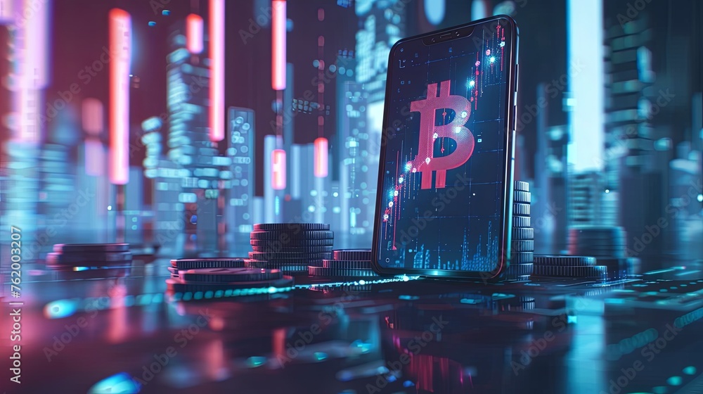 Poster futuristic visualization of cryptocurrency trading with a smartphone displaying bitcoin symbol amids