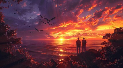 Digital artwork of a couple standing together on a cliff, witnessing a breathtaking sunset over the ocean, surrounded by the beauty of nature. Couple Enjoying a Majestic Sunset by the Sea  