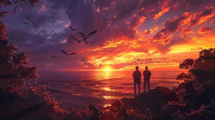 Papier Peint photo Violet Digital artwork of a couple standing together on a cliff, witnessing a breathtaking sunset over the ocean, surrounded by the beauty of nature. Couple Enjoying a Majestic Sunset by the Sea  