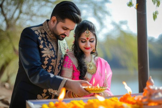 In Indian attire, a man and woman perform an puja ritual by offering lit candles to the deity. Fictional character created by Generated AI. 