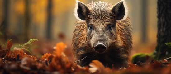 Wild boar camouflaged in lush forest