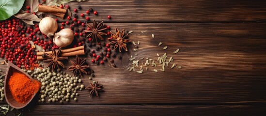 Spices and herbs arranged on a wooden table