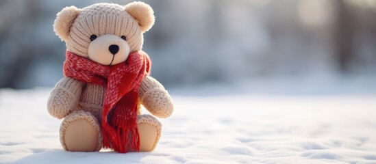 Lonely Teddy Bear Contemplates Life's Journey while Sitting in Tranquil Snowy Landscape