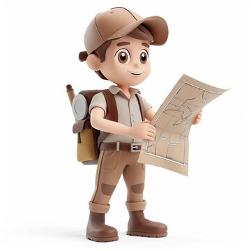 3D rendered image of a Caucasian male cartoon character dressed as a young explorer with a map, hat, and backpack, standing isolated on a white background with space for text
