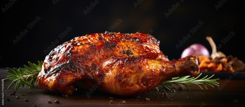 Wall mural Roasted chicken with rosemary and garlic on wooden board