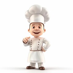 3D illustration of a cheerful cartoon chef in traditional white uniform and toque, gesturing invitingly, with ample copy space, ideal for culinary themes or advertising