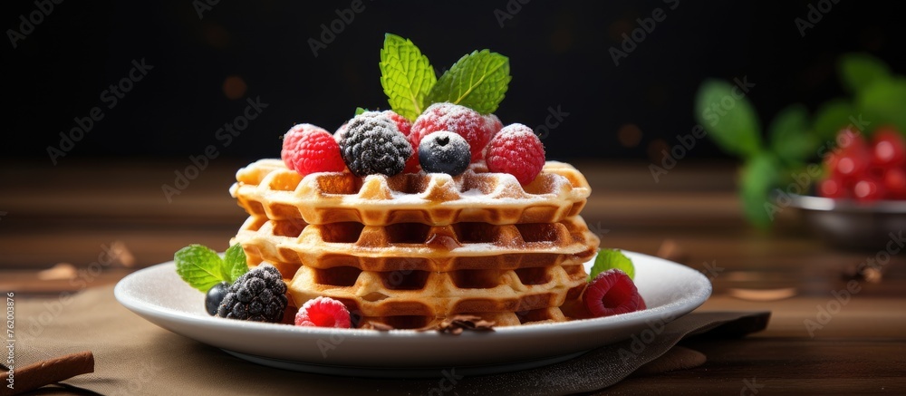 Wall mural A waffle topped with berries and mint on a plate