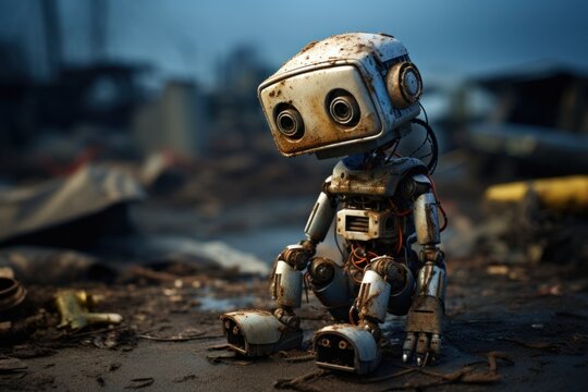 sad broken cute little robot on junk yard