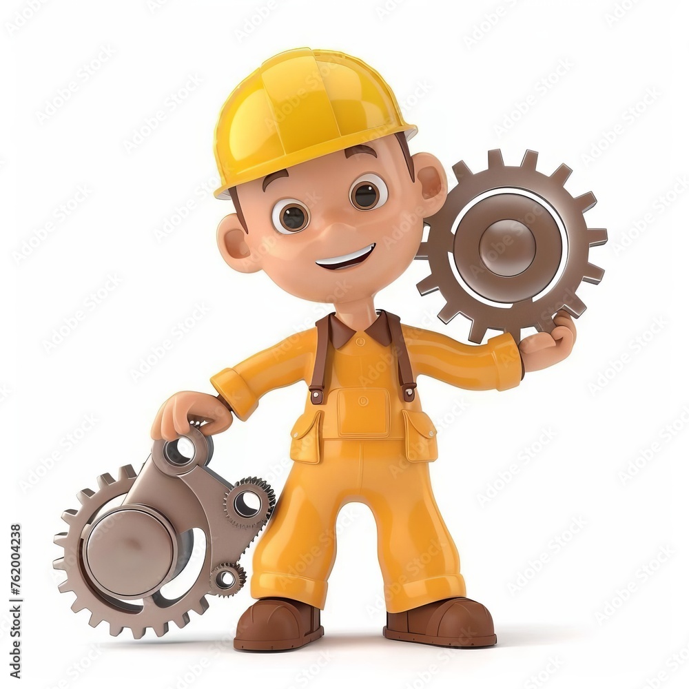 Aufkleber 3D illustration of a smiling cartoon character dressed as a construction worker with gears, isolated on white background with copy space for text, suitable for labor-related concepts