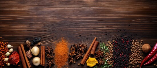 Various spices and herbs displayed on a wooden surface