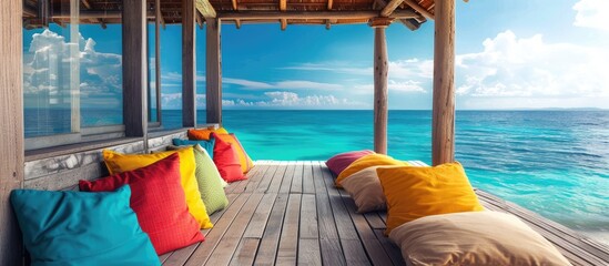Vibrant Wood Pier with Ocean View and Colorful Pillows - obrazy, fototapety, plakaty