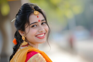 Elegant woman wearing traditional Indian jewelry and clothing. Fictional character created by Generated AI. 