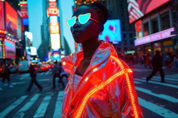 Model in neon-lit outfit posing in the vibrant evening lights of Times Square.