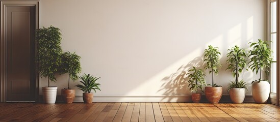 Room with wooden floor and wall of plants