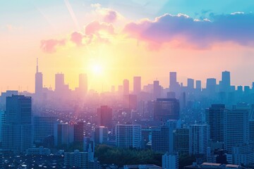 Sunset behind a modern city skyline with silhouetted skyscrapers, , illustrating urban adaptability