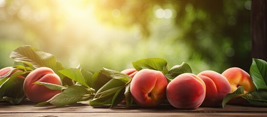 Sunlit wooden table with ripe peaches