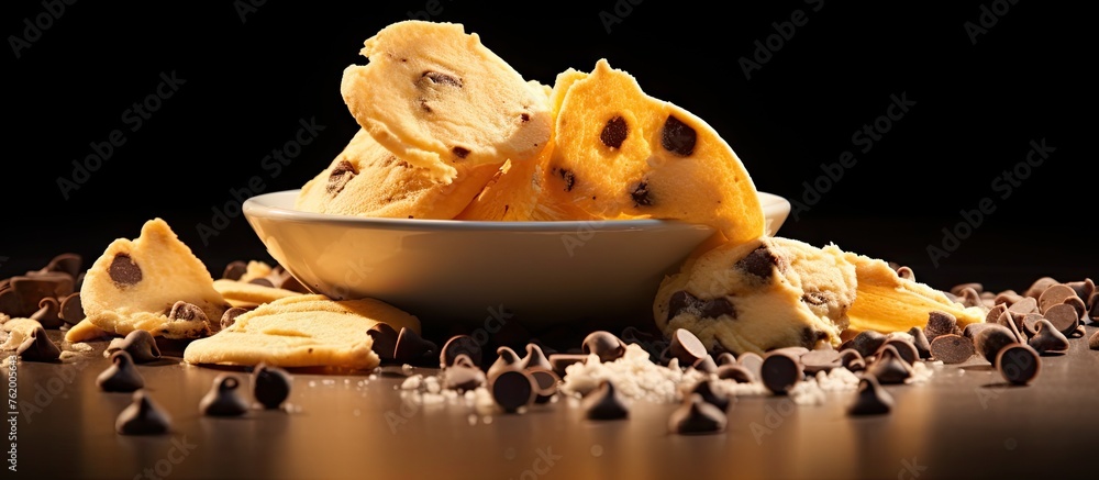 Aufkleber a scattered array of cocoa nibs around a bowl of chocolate morsels