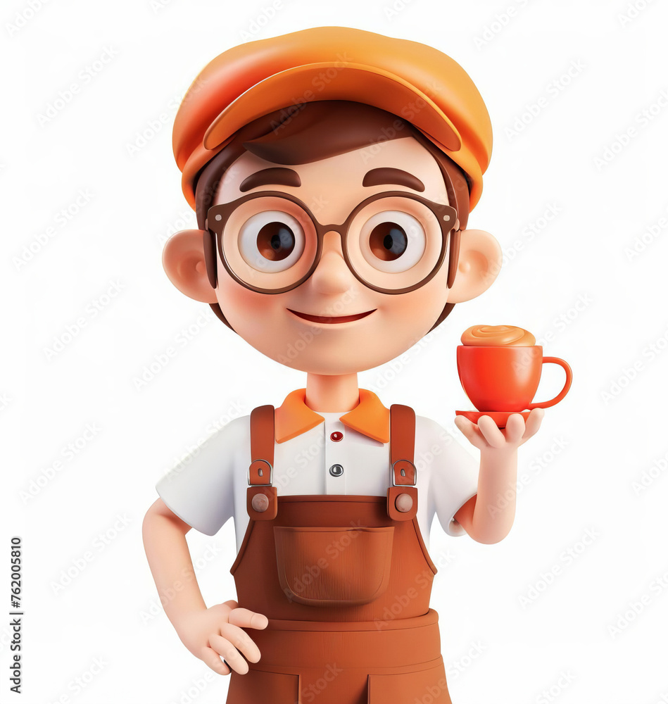 Poster smiling 3d animated character in overalls and cap holding coffee cup, isolated on white background w