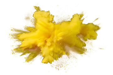 yellow powder explosion cloud isolated on transparent background