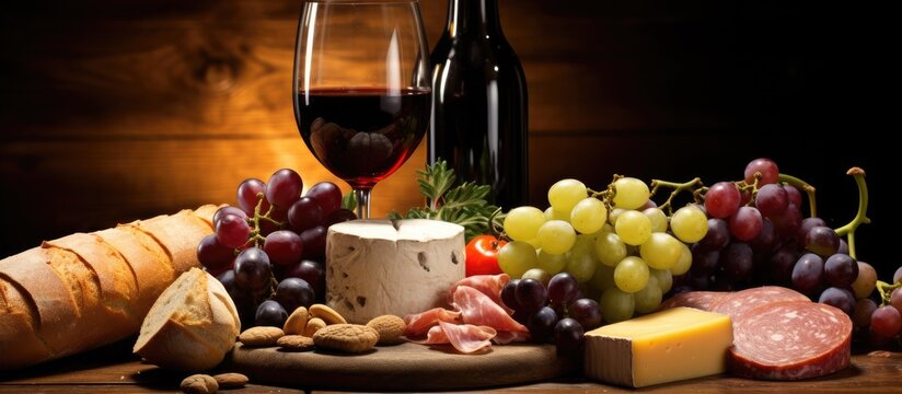 Elegant Wine and Cheese Affair: Gourmet Tastes with Grapes on Rustic Wooden Table Setting