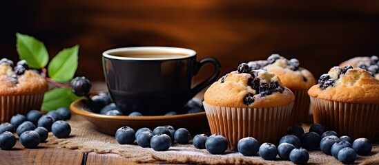 Fototapeta premium Cozy Coffee Break with Delicious Muffins on Rustic Wooden Table