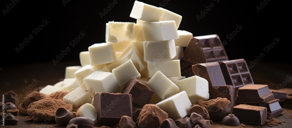 Aufkleber a heap of cocoa and chunks of chocolate on white surface