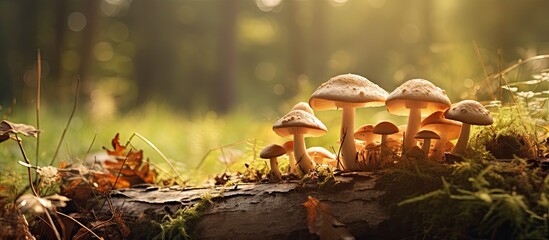 Mushrooms on a Log in a Sunlit Forest