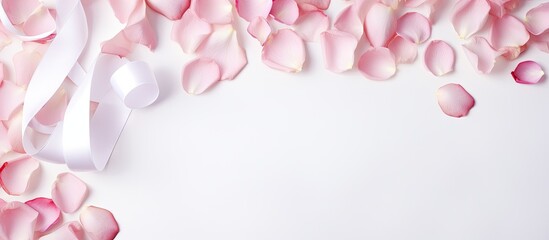 Pink rose petals on white background