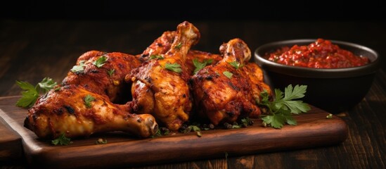 Chicken wings in sauce on wooden surface