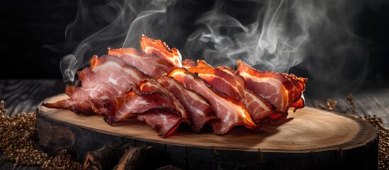 Sizzling Stack of Crispy Bacon Strips on Rustic Wooden Cutting Board - obrazy, fototapety, plakaty