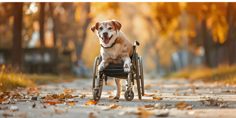 Close up of a dog in a wheelchair Helping injured dogs. Love to the animals, 
 - obrazy, fototapety, plakaty