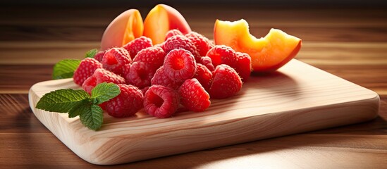 Wooden cutting board with raspberries and peaches