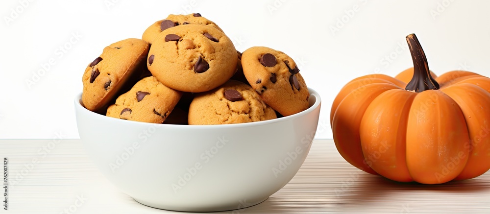 Poster Pumpkin chocolate chip cookies in white bowl with pumpkin background