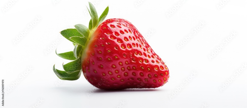 Poster Vibrant Red Strawberry Placed on a Clean White Surface - Fresh and Juicy Fruit Concept