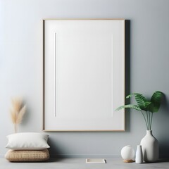 A minimalist touch to your home decor featuring a blank frame on a stylish grey wall, accented with a lush plant and a sleek vase. 