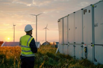 Engineer in a high-visibility vest monitoring energy storage systems with wind turbines and solar panels at sunset.