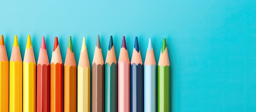 A row of colorful crayons on a blue table