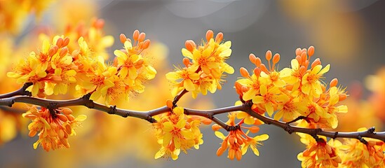 Yellow flowers on a branch with orange petals in the background - Powered by Adobe