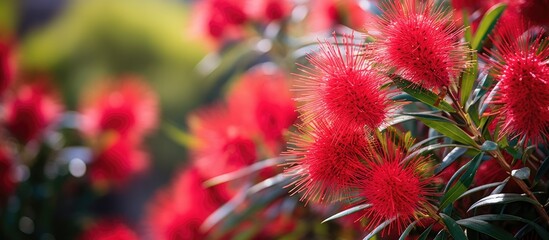 Vibrant Red Flowers Blooming in Lush Green Garden on a Sunny Day