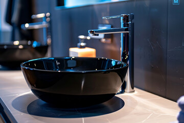 close-up of a modern black sink, in the shape of a hemisphere in the bathroom. Bathroom design, table with sink for advertising cosmetics for washing, soa.plumbing advertising - obrazy, fototapety, plakaty