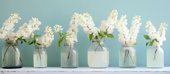 Five glass vases holding various blossoms arranged on a shelf