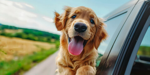 A happy dog hanging out of the window on  road, enjoying his ride with yellow fields and blue sky with white clouds background  in spring day.