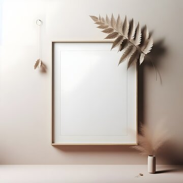A serene composition of a fern and vase nestled within a delicate picture frame, set against a soothing beige backdrop 