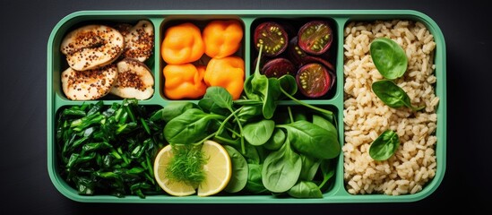 A tray with various vegetables including rice and carrots
