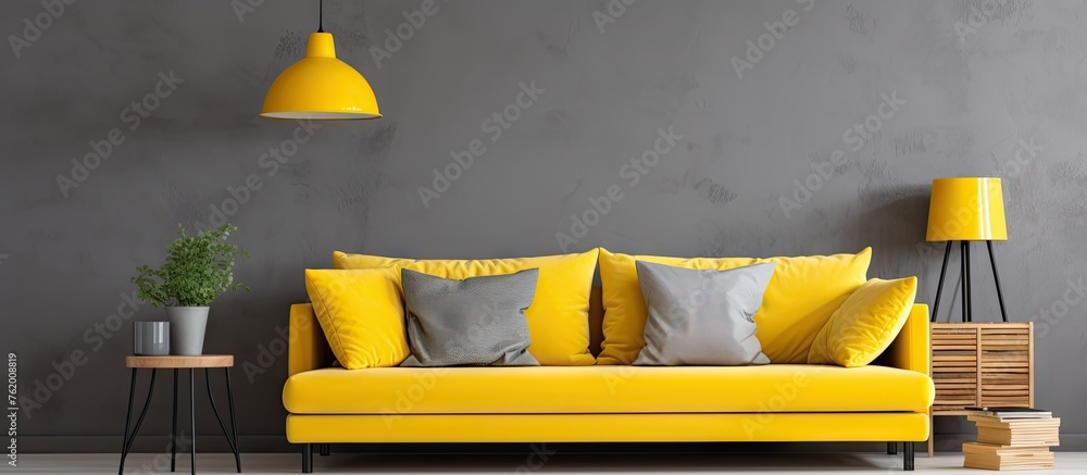 Canvas Prints A yellow couch in a gray room with a plant on the side