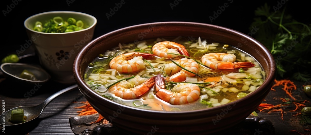 Poster Tasty Shrimp Soup Served in a Ceramic Bowl with a Classic Spoon on a Wooden Table