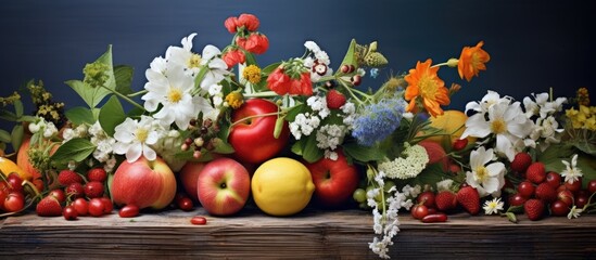 Fruit and flowers displayed on a table