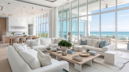 Beautiful Luxury beach house. home interior space living room. sofa on wooden floor with ocean seaside blue sky view, sea beach, summer freshness travel season window view house design style 
