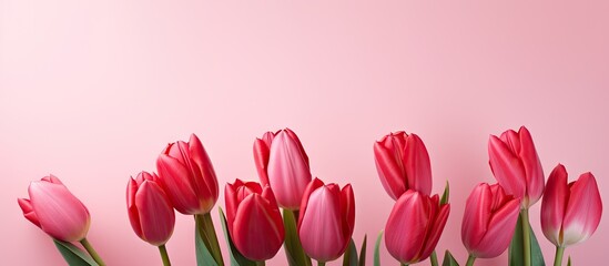 Obraz premium Pink tulips in vase on pink surface